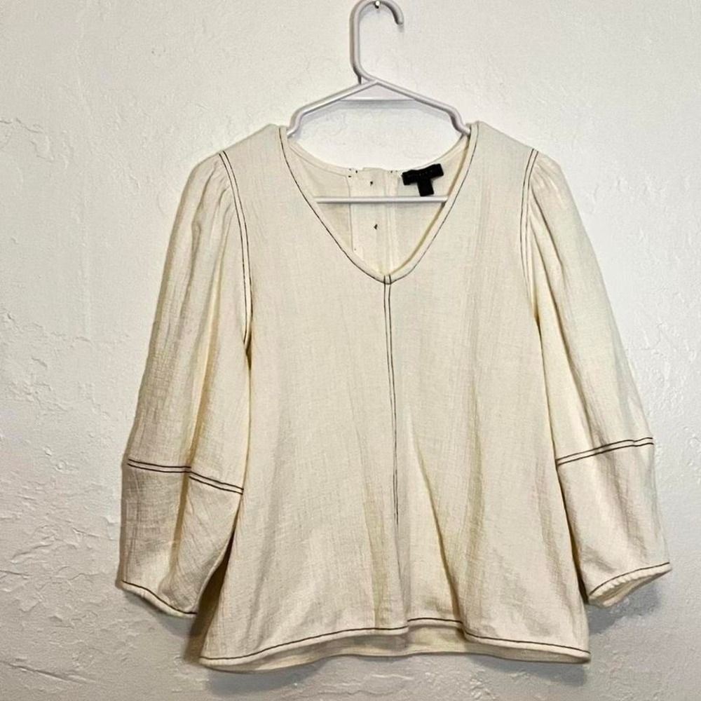 Current Air Los Angeles Cream Contrast Stitch Puff Sleeve V-Neck Blouse‎ Small